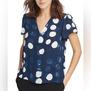 DKNY Navy and White dot pattern flutter sleeve semi sheer top size S